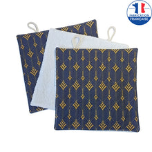 Charger l&#39;image dans la galerie, Lit de 3 lingettes lavables en tissu de couleur bleu aux motifs dorées