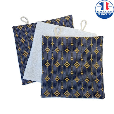 Lit de 3 lingettes lavables en tissu de couleur bleu aux motifs dorées