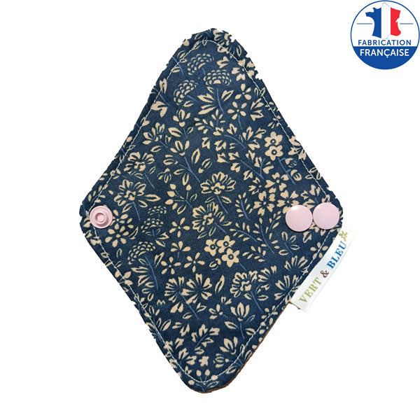 Protège-slip lavable tissu bleu et fleurs dorées