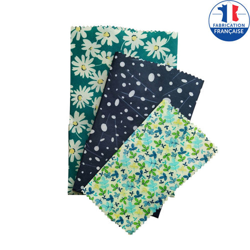 Lot de 3 bees wrap en tissu de coton enduit de cire d'abeille aux motifs fleurs et étoiles filantes