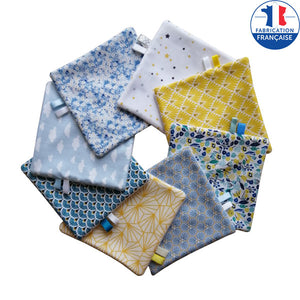 Lot de 8 lingettes lavables en coton aux tons bleu et jaune